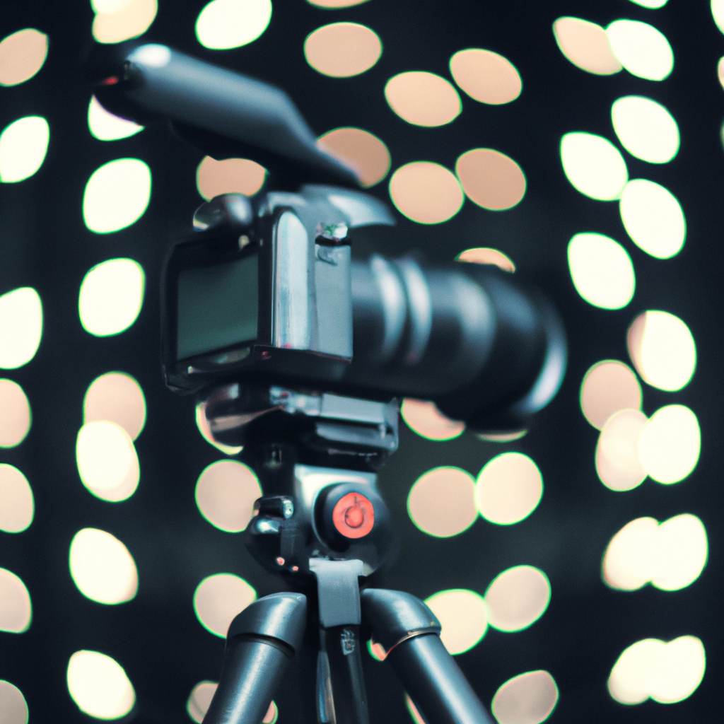 三脚に載った最新カメラのクローズアップ、柔らかなボケとスタジオの雰囲気、超高精細